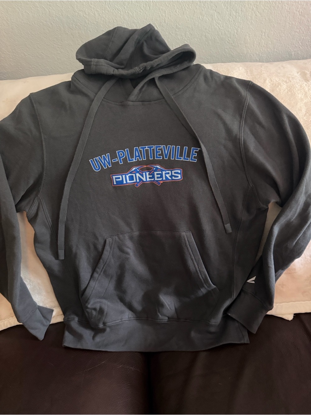 UW-Platteville Pioneers Charcoal Hoodie Sweatshirt- Size- Med (Women’s)
